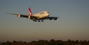 A Qantas A380 lands at Sydney Airport